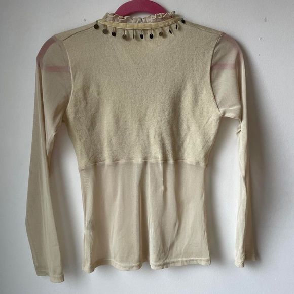 Vintage Y2K sand yellow sheer mesh beaded top M - Picture 7 of 8